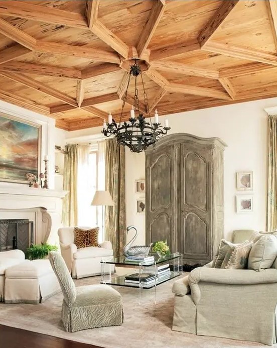 a breathtaking coffered ceiling makes a bold statement and adds a refined feel to the space