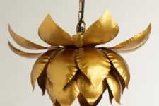 a chic brass lotus pendant lamp on chain is a gorgeous statement lighting fixture to rock