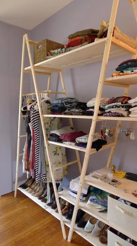 a large and comfy wardrobe made of several ladders and shelves added to store everything you can