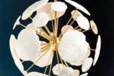 a round flower-inspired chandelier in gold and white is a very chic and cool piece for a chic statement