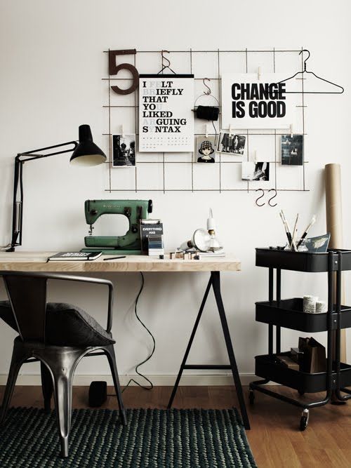 a Nordic industrial home office with a trestle desk, a metal chair, a Raskog cart, a grid with various stuff hanging