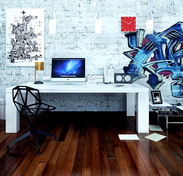 a modern home office with a white wall, a white desk, a black geometric chair, an artwork, pendant lamps and a red clock