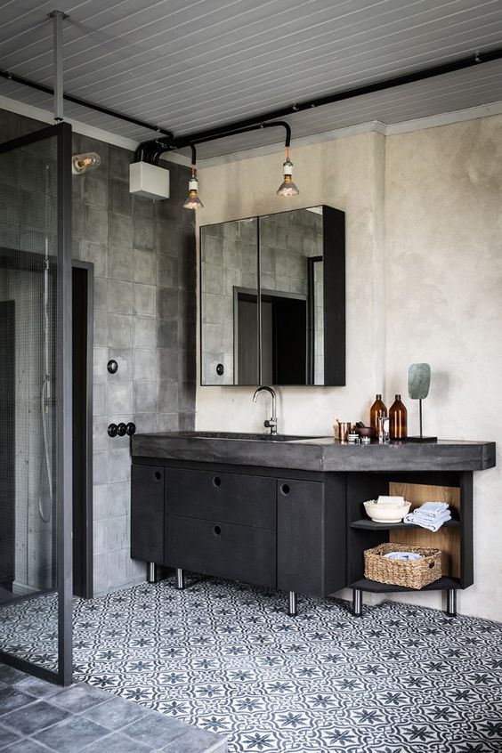 a modern industrial bathroom with concrete walls, concrete and printed tiles, a black vanity and exposed pipes and lamps