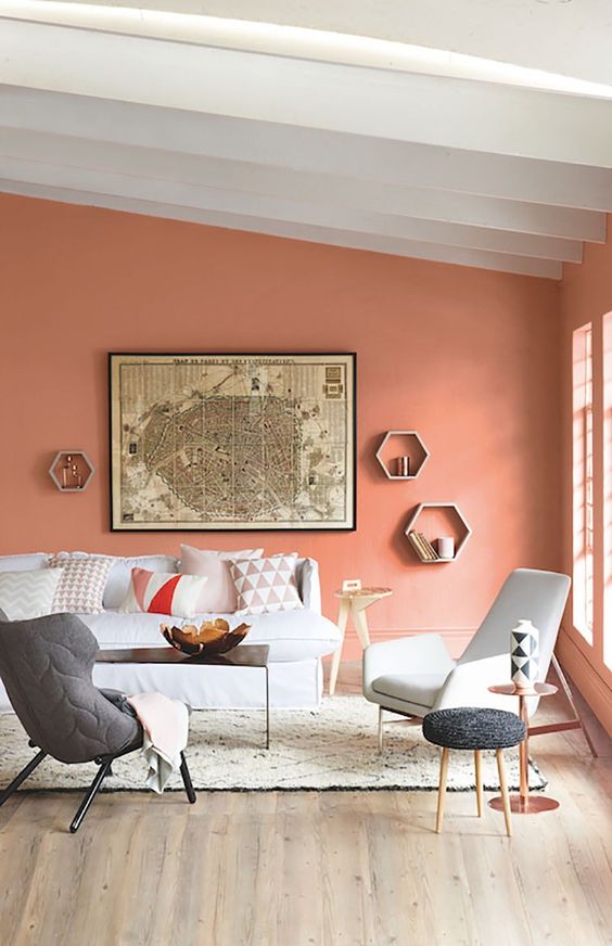 a stylish contemporary living room with a coral statement wall, light and graphite grey furniture, coffee and side tables