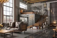 an industrial open layout with wood and piping furniture, pendant lamps, a ceiling with beams and much metal in decor