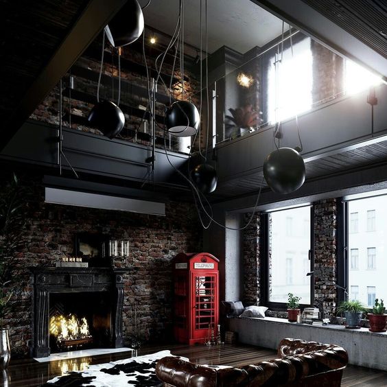 brick walls, metal sphere pendant lamps, blackened steel decor and concrete