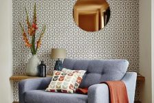 classic geometric print wallpaper is ideal for a mid-century modern living room and adds interest to it
