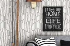 grey geometric wallpaper like this will be great for a modern or industrial living room