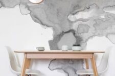 grey watercolor wallpaper adds interest to this neutral dining space