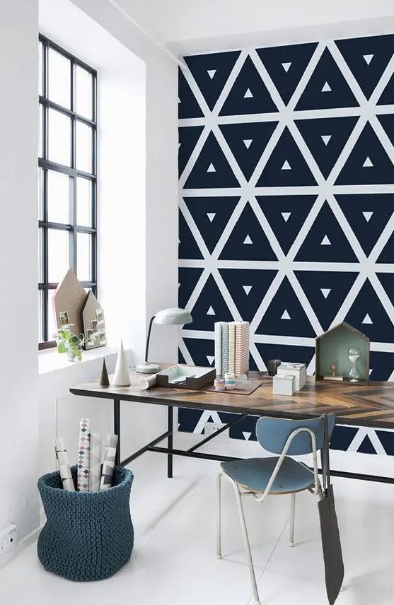 monochromatic geometric self adhesive wallpaper is a great idea for a modern workspace, to make it bolder and statement like