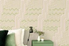 such beautiful green geo printed wallpaper will add a bit of pattern to the space and make it look chic and beautiful