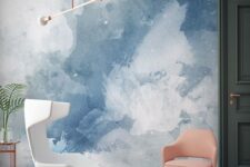 watercolor is a great trend, and this blue and white wall is a very relaxing idea to try