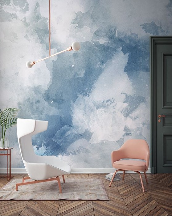 watercolor is a great trend, and this blue and white wall is a very relaxing idea to try