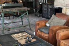 weathered wood, leather, painted and non-painted metal work nice in an industrial living room