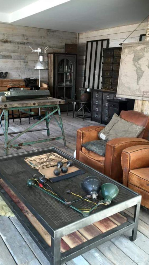 weathered wood, leather, painted and non painted metal work nice in an industrial living room