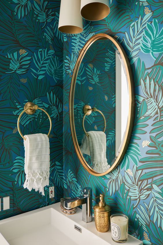 a botanical wallpaper looks awesome in a bathroom