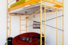 a bright yellow raised bed of pipes and on casters will be a perfect solution for a small kid’s room
