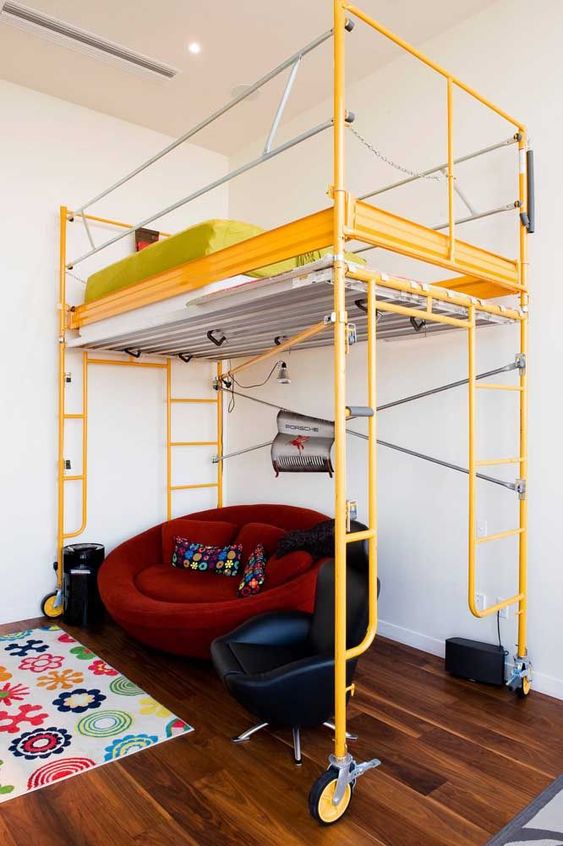 a bright yellow raised bed of pipes and on casters will be a perfect solution for a small kid's room