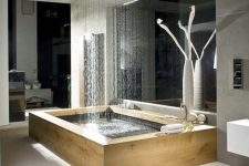 a contemporary bathroom with a rectangular-shaped bathtub and a large rain shower over it plus built-in lights