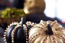 black and gold spiked pumpkins are an easy DIY and cool Halloween decorations to rock