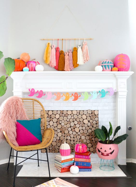 bright oversized tassel ghosts, colorful paper ghosts, color block pumpkins and patterns