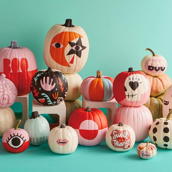 fun colorful Halloween pumpkins with various patterns, words, eyes and lips are fantastic