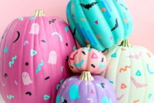 purple, pink, turquoise and neutral pumpkins with fun patterns on them are amazing for Halloween