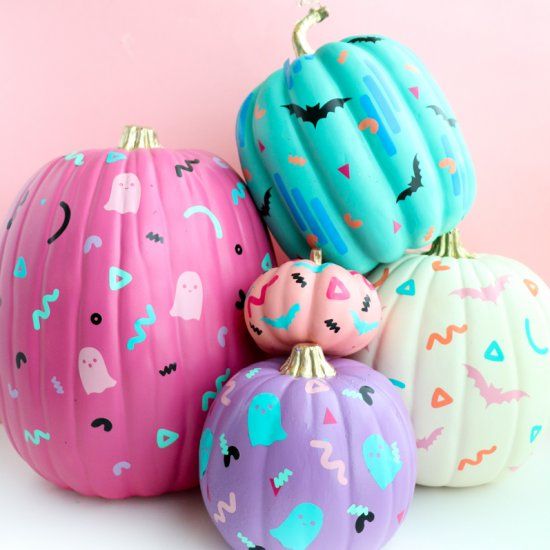 purple, pink, turquoise and neutral pumpkins with fun patterns on them are amazing for Halloween
