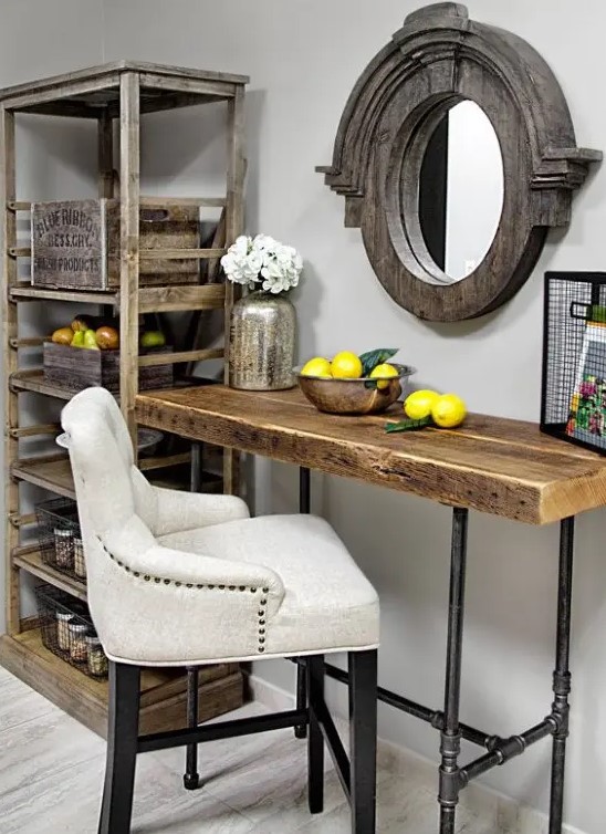 such a vintage desk of pipes and wood is a lovely desk, console or vanity and it may be rocked in any space with a rustic feel