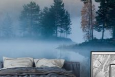 a misty forest and lake wall mural makes your bedroom fele more relaxing and you can feel like you are going to bed outdoors