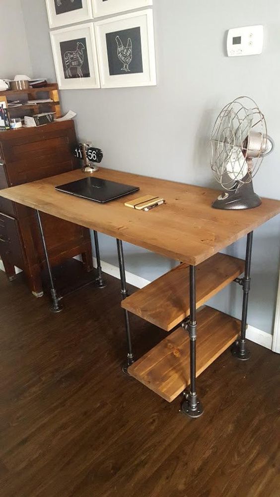 a modern industrial desk made of wood and metal pipes is a stylish idea that you can realize yourself for your home office
