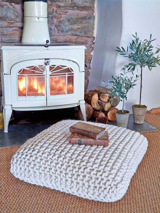 an oversized neutral crocheted cushion liek this one can be used instead of a pouf or an ottoman or can be used for sitting