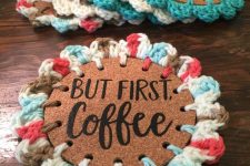 bright crochet and cork coasters will add a bit of fun and cuteness to your space and will save your furniture