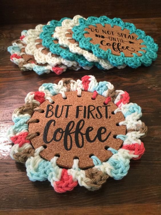 bright crochet and cork coasters will add a bit of fun and cuteness to your space and will save your furniture