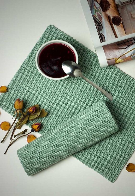 lovely green crocheted placemats like these ones can accent your meals with a soft touch of color and pattern