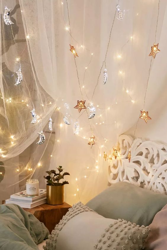 a gorgeous celestial moon and star shaped string garland will beautifully accent your bedroom and make it nice