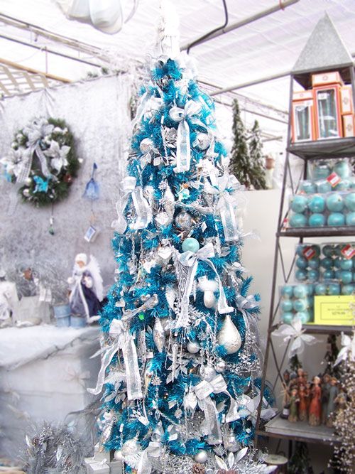 a gorgeous turquoise Christmas tree with ribbon bows, white and silver ornaments, branches and leaves is wow