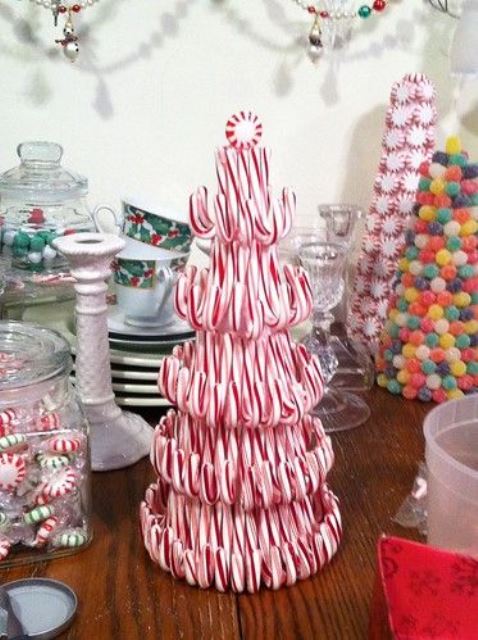 a pretty and fun candy cane Christmas tree with a peppermint on top is a fun and creative edible idea for your party