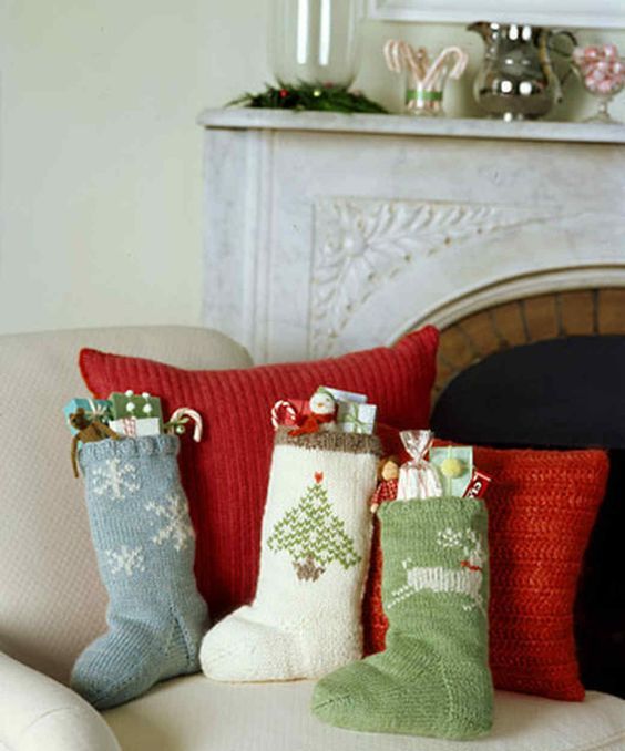 cute Christmas stockings used to decorate a sofa