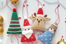 lovely colorful knit Christmas ornaments shaped as famous holiday-inspired characters and items are amazing as gifts or decor