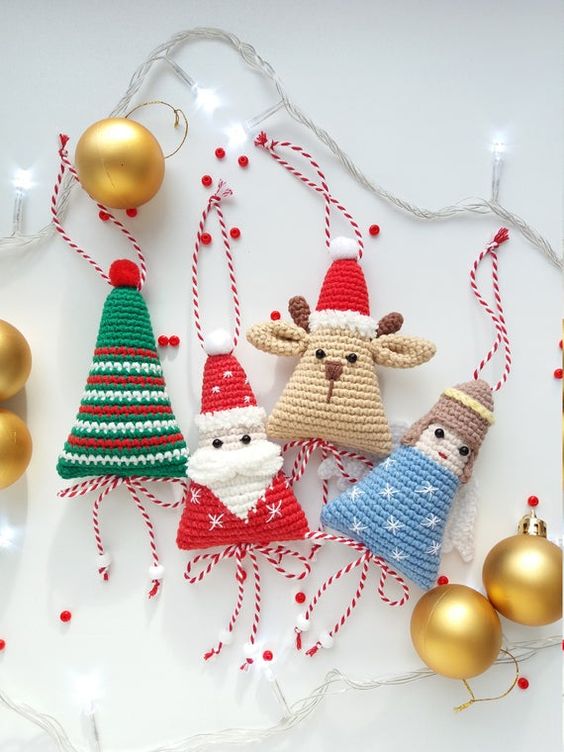 lovely colorful knit Christmas ornaments shaped as famous holiday inspired characters and items are amazing as gifts or decor