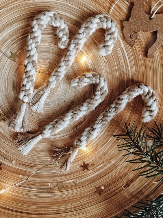 neutral woven candy canes with tassels can be a nice decor idea for Christmas, hang them wherever you want