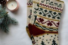 pretty patterned knit Christmas stockings with hoops are amazing for traditional and Scandinavian spaces