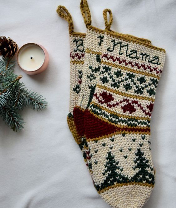 pretty patterned knit Christmas stockings with hoops are amazing for traditional and Scandinavian spaces