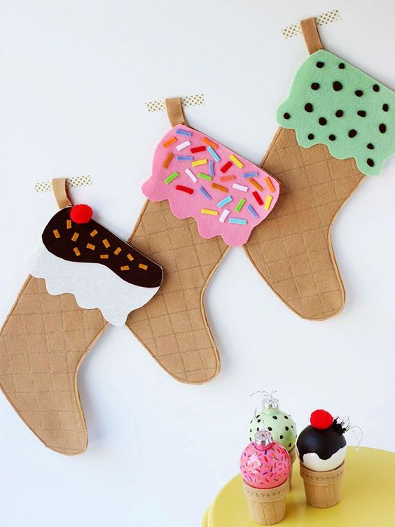 super fun sundae and ice cream stockings are a modern take on traditional Christmas decor