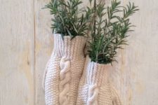 white braided mittens with evergreens are a very simple and super cute holiday decoration you may hang anywhere