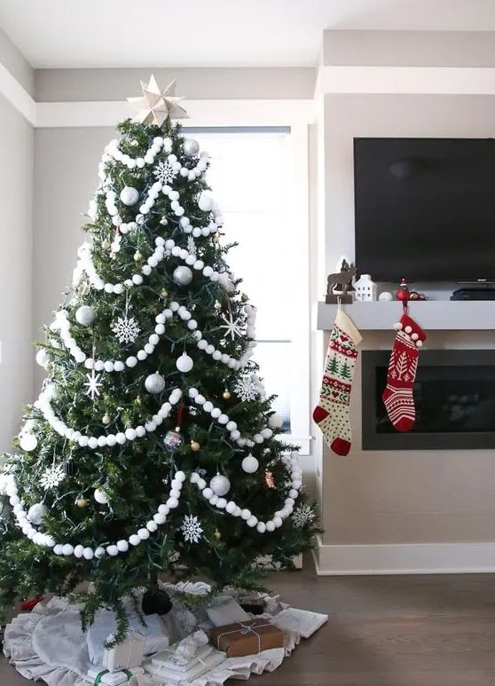 a Christmas tree styled with white pompoms, white and silver ornaments and snowflakes is a chic and cool idea