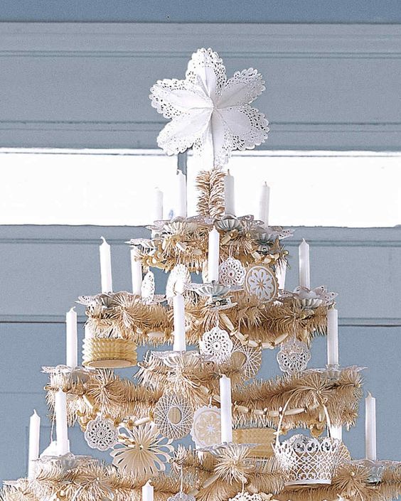a doily star is a nice and DIYable solution for a vintage-inspired Christmas tree and it looks chic