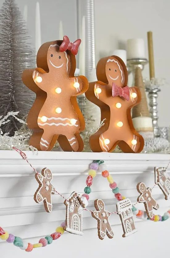 gingerbread marquee men, colorful candy garlands and gingerbread men and house garland for fun and cool Christmas decor