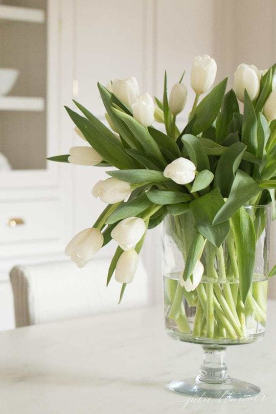 a clear white vase with white tulips is a simple and chic spring flower arrangement or centerpiece that you can compose right now